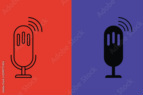 Podcast microphone set featuring outline and solid black styles on split red and purple backgrounds