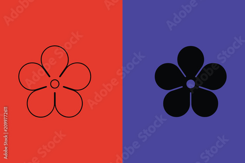 Simple five petal flower set in outline and solid black styles on red and purple split background colors