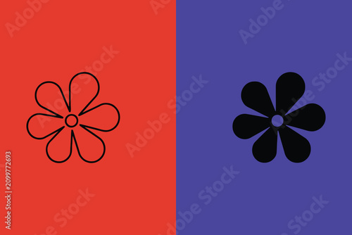 Six petal flower set displayed in outline and solid black styles on red and purple split backgrounds