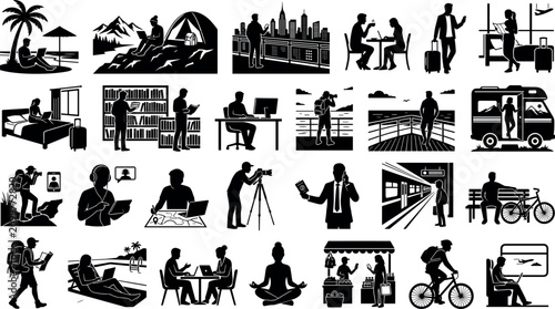 Quadro su tela Set of digital nomad and remote work icons, people working remotely from differe
