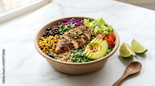 Healthy chicken burrito bowl with fresh avocado beans corn and vegetables in a paper bowl. mexican takeout