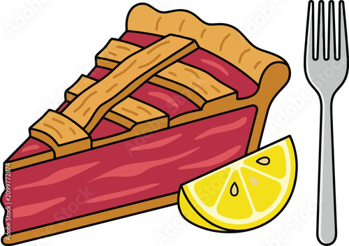 Fényképezés Cartoon slice of bacon pie with lemon wedge and fork isolated on white backgroun