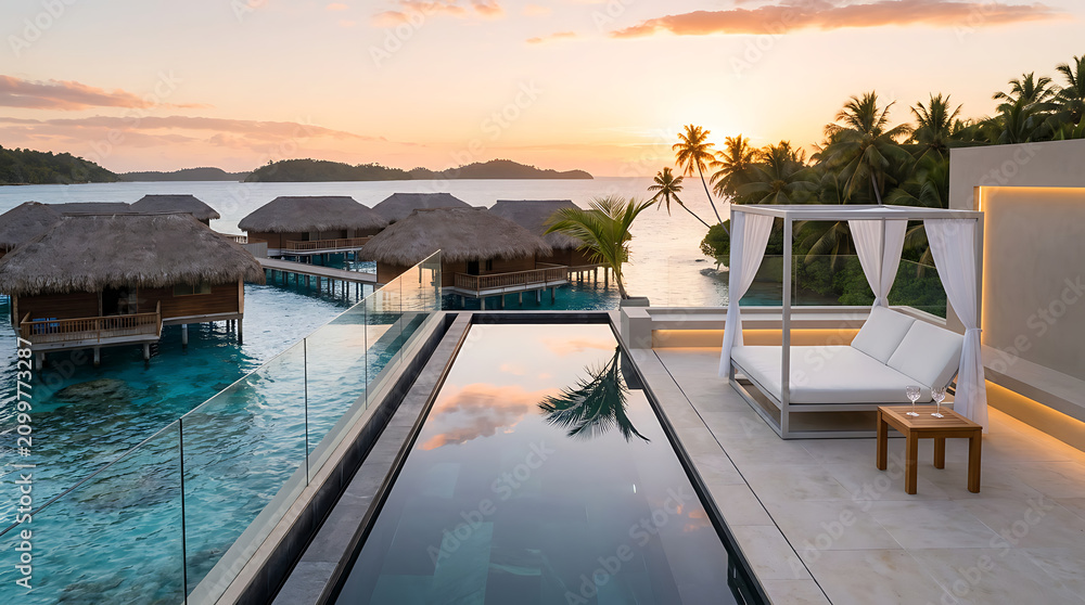 Fototapeta premium Luxury rooftop infinity pool at sunset with coastal view. Modern outdoor terrace featuring stylish lounge area and panoramic ocean scenery.