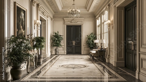 Luxurious grand hallway in a classic mansion with marble floors and ornate decor. Perfect for high-end interior design.