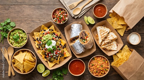 Top view of delicious mexican food feast with nachos burritos and quesadillas on wooden table. mexican takeout