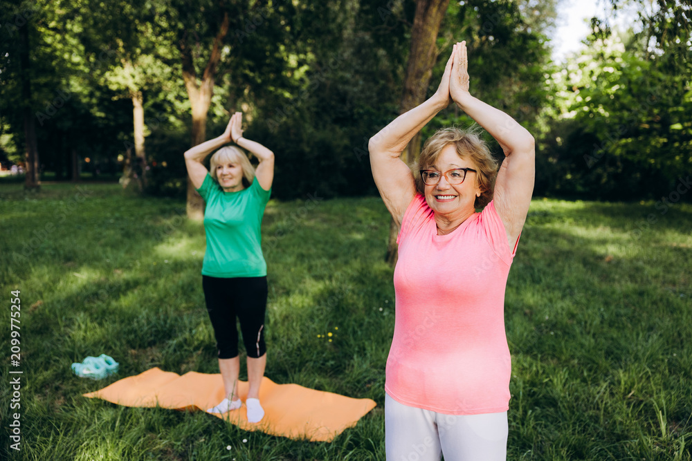 Fototapeta premium Senior women enjoying outdoor yoga for wellness and fitness