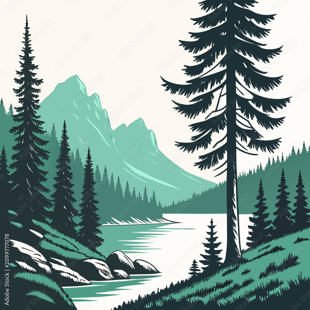 Fototapeta premium A tall pine tree standing on a rocky shore overlooking a calm lake and distant mountain peaks in a nature on white background