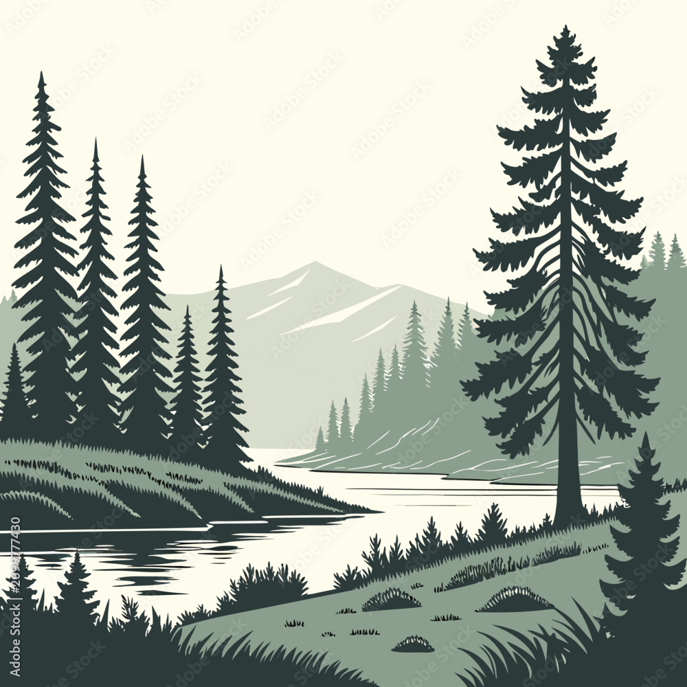 Fototapeta premium Serene mountain landscape featuring tall pine trees along a calm river bank in a minimalist flat style
