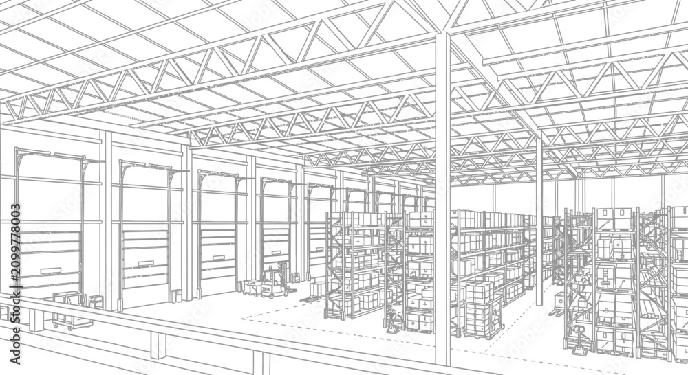 Fototapeta premium Warehouse interior sketch with shelves, boxes, and forklifts