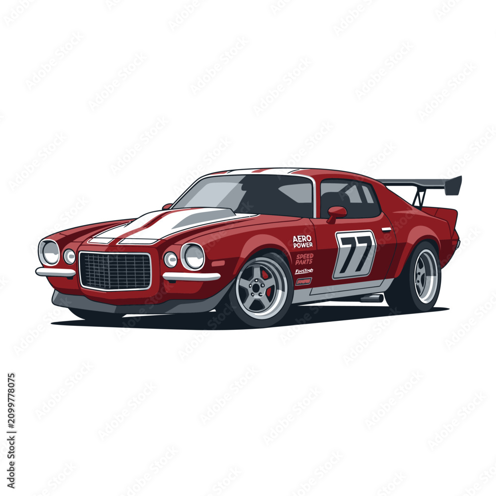 Naklejka premium Vintage Red Racing Car with White Stripes and Spoiler, Sports Auto