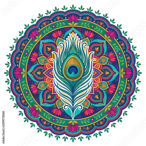Vibrant peacock feather in Diwali rangoli design. Traditional Indian festival decoration. Cultural symbol of beauty and celebration.