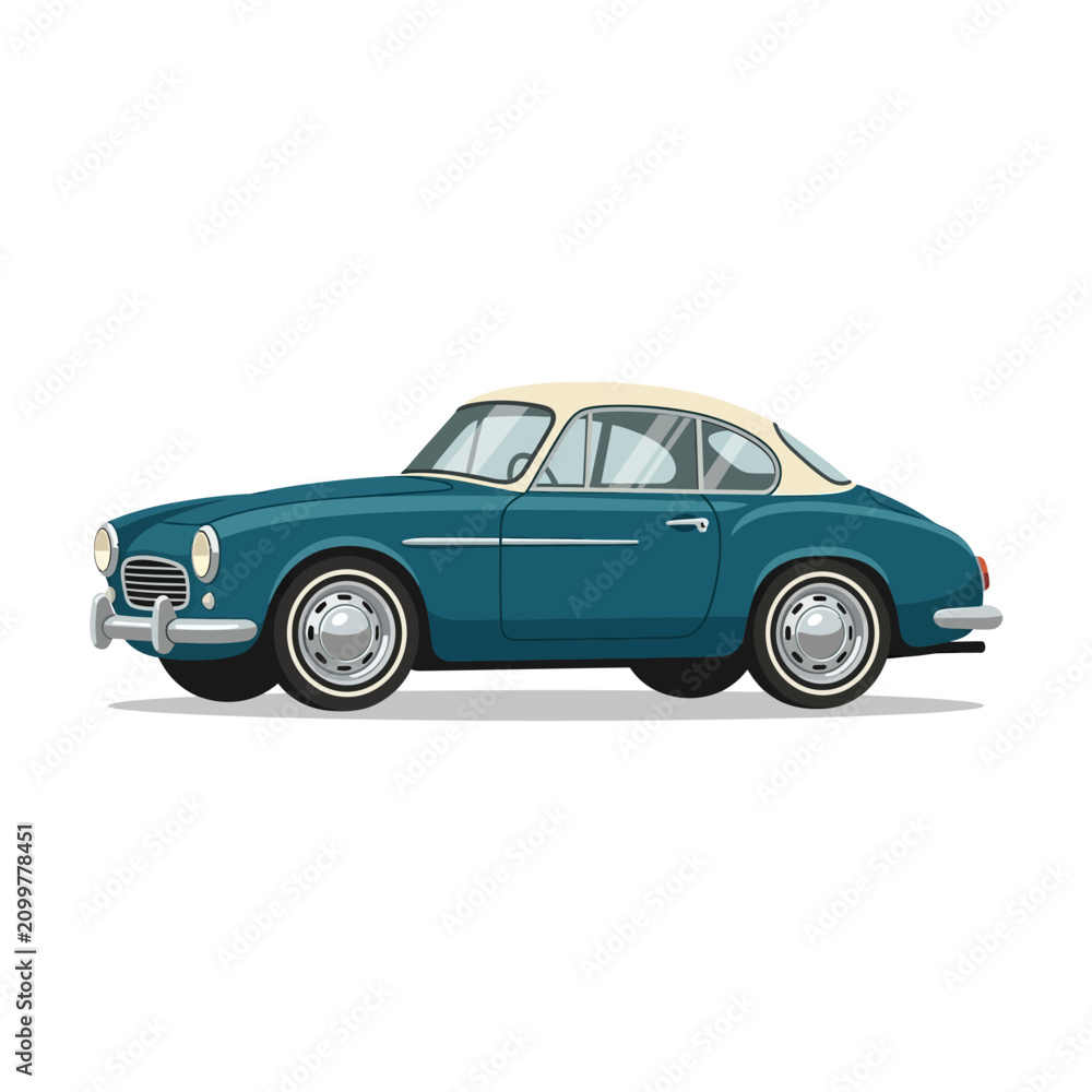 Fototapeta premium Vintage Teal Sports Car with Beige Roof on White Background - Retro Auto