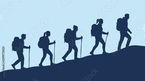 Konstfotografi Silhouette illustration of hikers ascending a hill with backpacks and poles