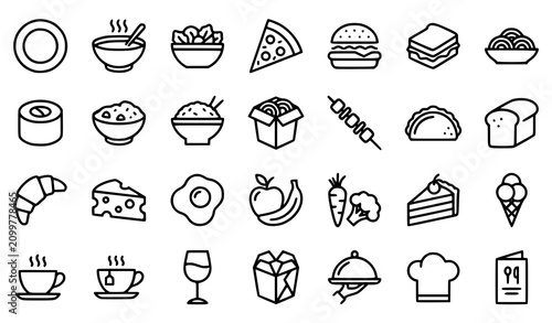 Food and restaurant line icon set featuring pizza burger sushi salad coffee sweets and dinner elements for menu design and culinary apps