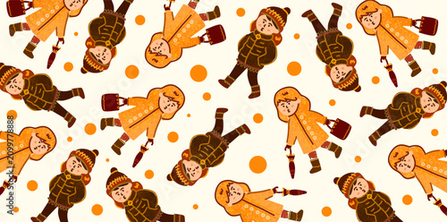 Bild auf Leinwand People wearing winter coats folk pattern with dots design
