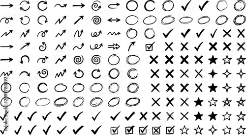 Set of hand-drawn doodle shapes including arrows circles checkmarks crosses and star icons with handdrawn collection abstract illustration business planning highlight decision