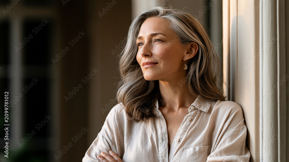 Fototapeta premium Woman over 40 standing on small balcony in morning sunlight highlighting circadian wellness vitamin D lifestyle and healthy aging