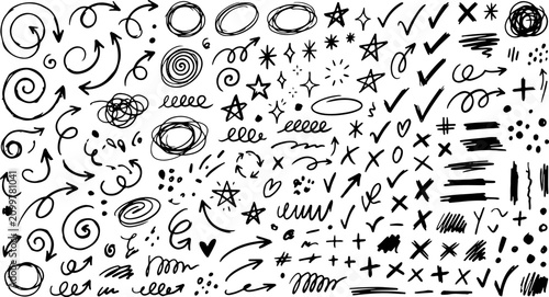 Hand drawn scribble marks and design accents featuring stars crosses and checkmarks scribble sketches checkmarks graphics handwritten elements abstract patterns textures collection