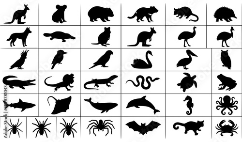 Bild auf Leinwand Australian Native Wildlife Silhouette Collection Black Vector Animal Set