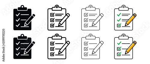 Clipboard icons with pencils and checklists in various colors and styles for checklist and todo list concepts  business and productivity symbols