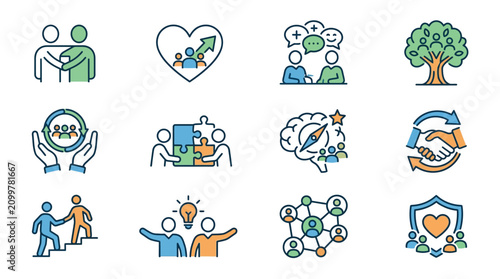 Minimalist Colorful Icons Set Featuring Community Support Collaboration and Growth Concepts with Simple Illustrations