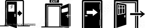Black and white icons showing various styles of doors and exit signs indicating directions.