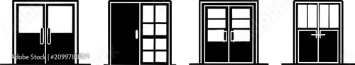 Four black and white icons representing different styles of doors and windows, each with distinct panel and handle designs.