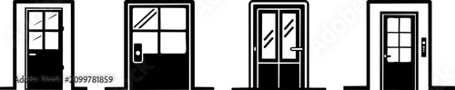 Four different styles of black and white door illustrations, each with distinct window and handle designs.