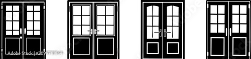 Four different black and white door designs with glass window panels and handles.