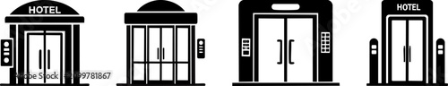 Four different black and white hotel elevator door icons showing various door styles and button panels.