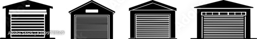Four different styles of garage doors in a row, each with distinct panel designs and window placements, shown in black and white silhouette.