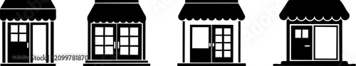 Simple black and white icons of four small storefronts with awnings, each showing different window and door designs.