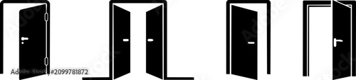 Four black silhouette doors in various open and closed positions on a white background.