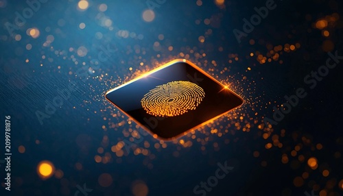 Futuristic digital fingerprint scanner on a glowing high-tech microchip, conceptual technology of secure biometric identification