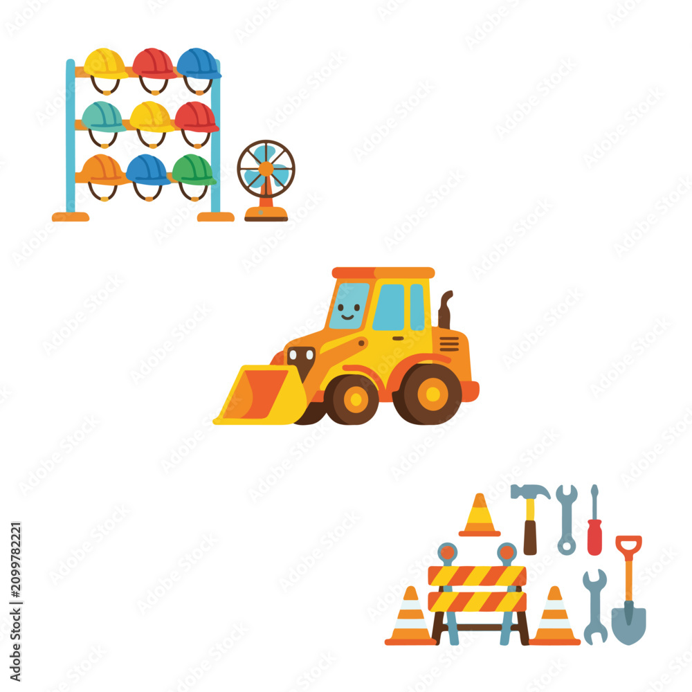Naklejka premium This vector illustration features colorful construction equipment, including safety helmets, a cute front loader tractor, and various work tools.