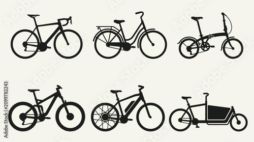 Set of various bicycle silhouettes including mountain road folding and cargo bike icons.