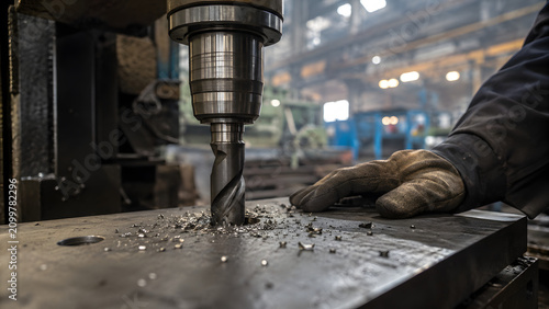 Drill press drilling steel plate in industrial factory