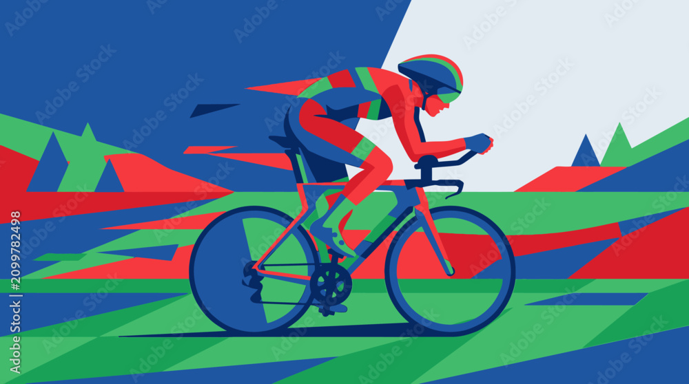 Fototapeta premium Abstract vector illustration of a professional cyclist racing on a road bike in vibrant colors.
