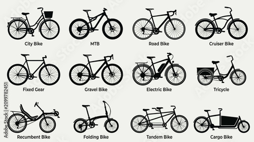 Set of various types of bicycles and cycles in black silhouette icons on white background.