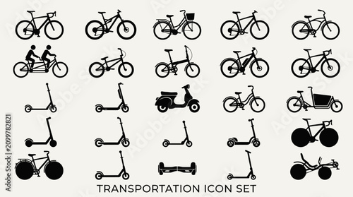 Set of various bicycle and electric scooter silhouettes for urban transportation and eco friendly travel icons.