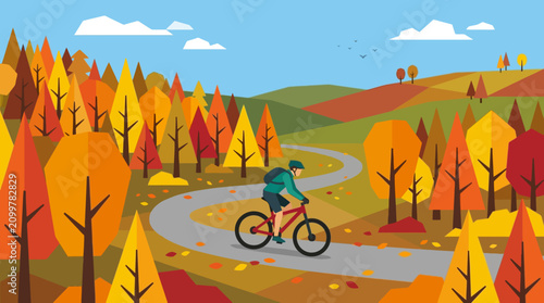 A cyclist riding a bicycle along a winding path through a beautiful autumn forest landscape.