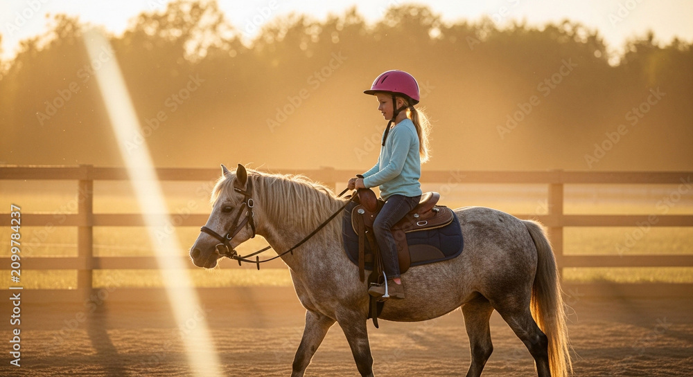 Obraz premium Little girl riding a pony at sunset. Child equestrian practicing horse riding outdoors.