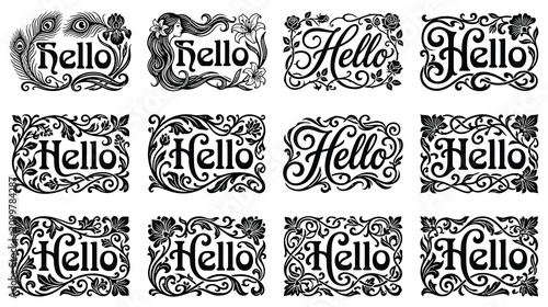 Collection of botanical hello typography frames with intricate floral and leaf artwork.