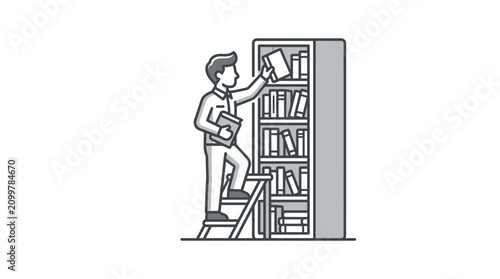 Modern Black and White Line Drawing Librarian Reaching for Books on Tall Bookshelf with Stepladder
