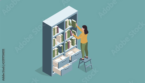 Professional female librarian standing on a stepladder to organize books inside a tall blue metal filing cabinet.