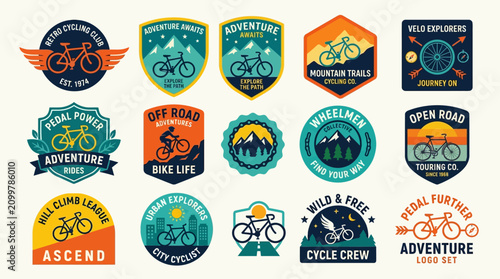 Collection of vintage bicycle stickers and badges for adventure and travel.