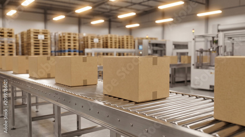 Cardboard box on conveyor roller line in modern warehouse factory packaging system