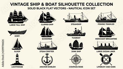Vintage ship and boat silhouette collection.