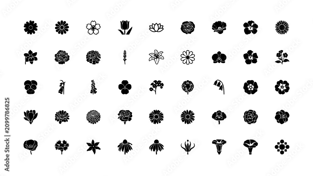Obraz premium Flowers in a Variety of Distinct Black and White Icon Designs Featuring Flower, Design, Illustration with Vector and Symbol