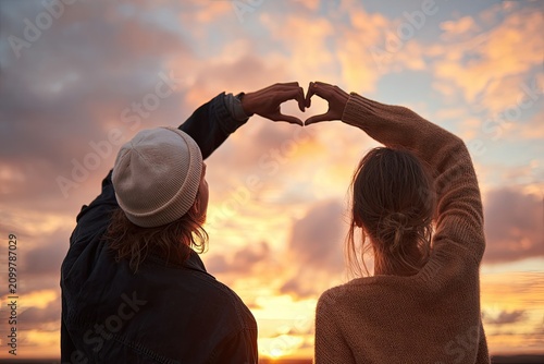Couple Makes Heart Shape with Hands at Sunset Romantic Sky